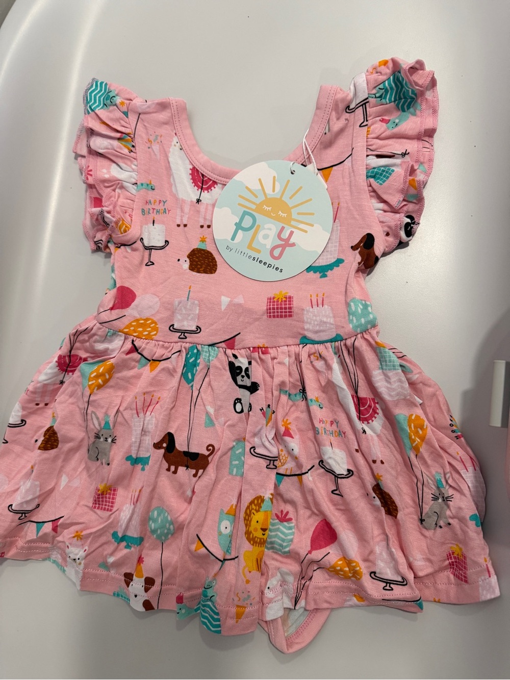 NWT *little defect* little Sleepies pink birthday party play ruffle sleeve dress
